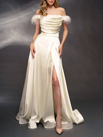 Woochic robe maxi longue unicolore fendu le côté fluide dos nu sans manches élégant de soirée pour mariage Champagne S
